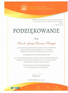 Podziękowania za organizację warsztatów dla uczniów szkół średnich. Kliknij, aby powiększyć zdjęcie.